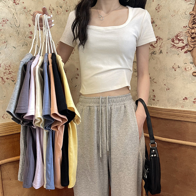 Square neck cotton t-shirt short sleeve 2022 new women's summer solid color short slim body clothes hot girl wind ins tide