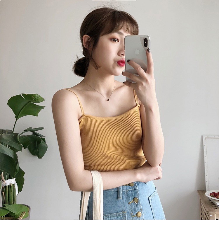Mùa thu nữ phiên bản Hàn Quốc của áo len mỏng, quần lọt khe hai dây thun bên ngoài mặc áo sơ mi ngắn áo sát nách
