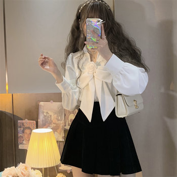 Lace-up bow shirt winter new design, chic, long-sleeved, western style, inner shirt, outer top, female trend