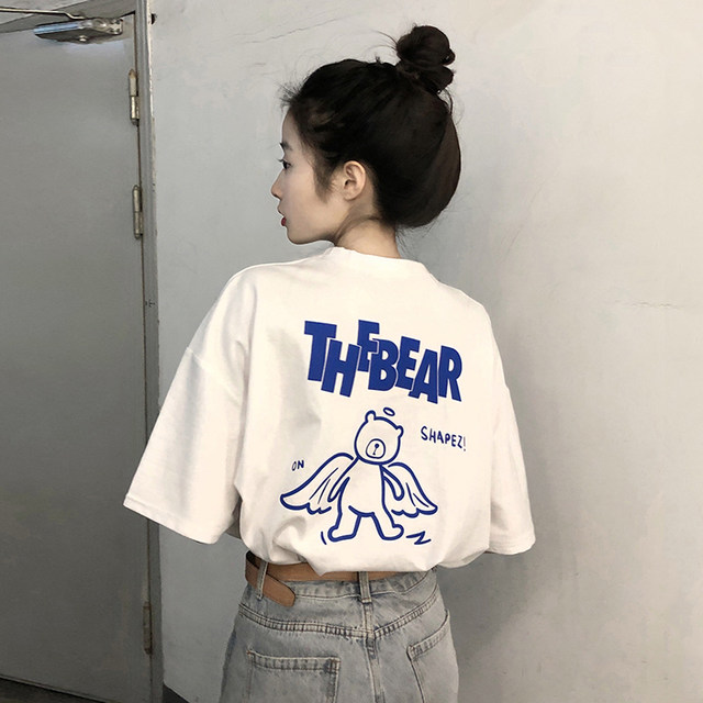 Bear cotton T-shirt women's spring 2022 new design niche white short-sleeved round neck bottoming shirt top ins