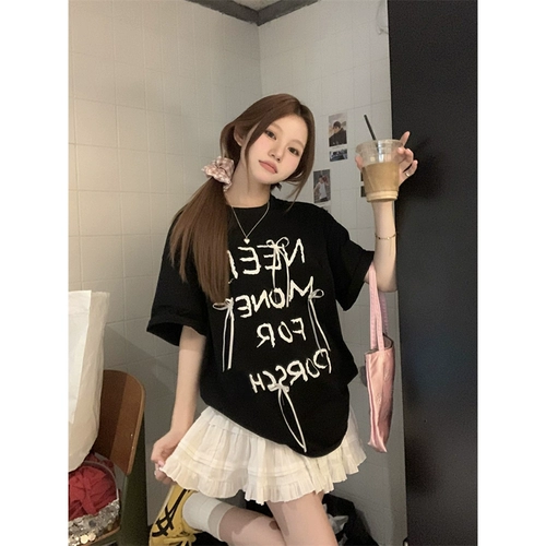 Летняя черная футболка с коротким рукавом с бантиком для отдыха, в корейском стиле, оверсайз