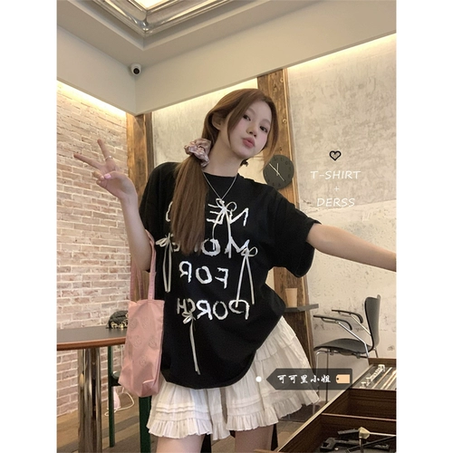 Летняя черная футболка с коротким рукавом с бантиком для отдыха, в корейском стиле, оверсайз