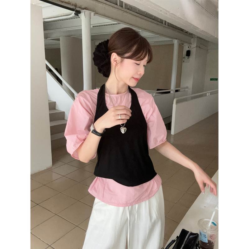 2026 Spring New Sweet Style Short Halter Neck Camisole Round Neck Puff Short Sleeve Shirt Two-Piece Set for Women Trendy