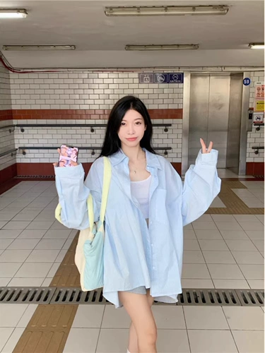 Синяя осенняя дизайнерская рубашка, лонгслив, куртка, оверсайз, защита от солнца