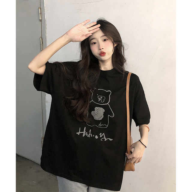 Bear cotton T-shirt women's spring 2022 new loose and lazy BF style design short-sleeved bottoming shirt top trendy