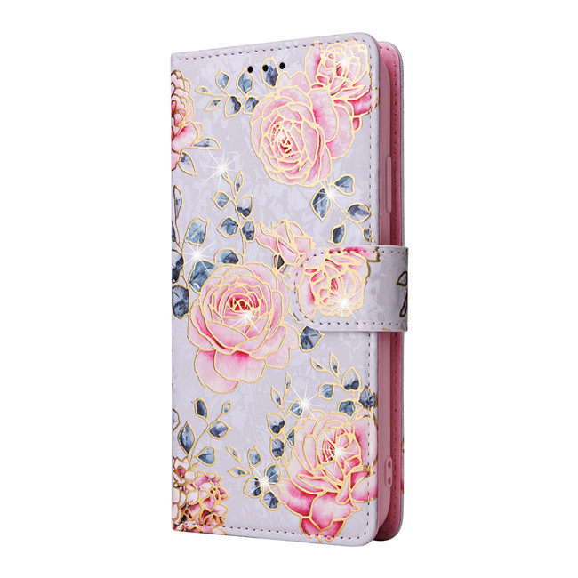 Charming Glitter Pastel Floral Print Folio Wallet Stand Phone Case
