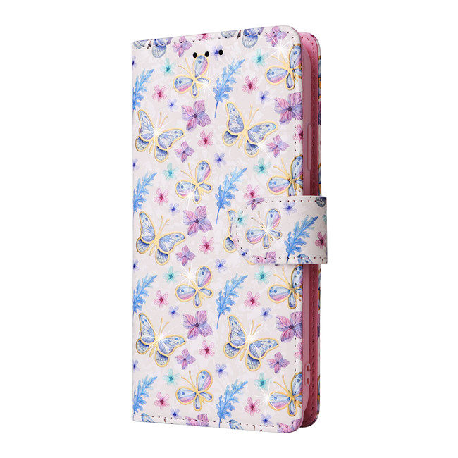 Charming Glitter Pastel Floral Print Folio Wallet Stand Phone Case