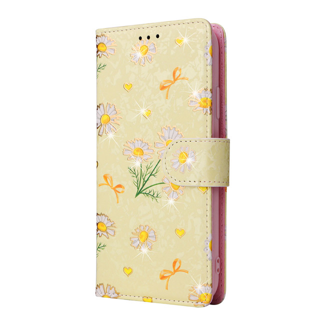 Charming Glitter Pastel Floral Print Folio Wallet Stand Phone Case