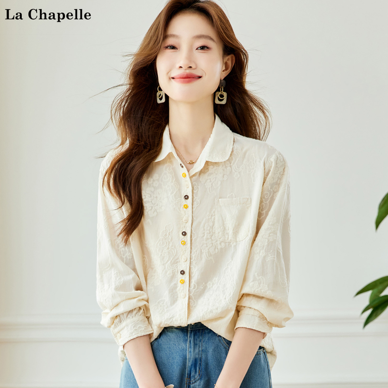 La Chapelle Brand 100% Pure Cotton Embroidered Shirt for Women, Long-Sleeved Spring Shirt, Women's Shirt with a High-End Feel