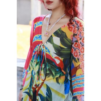 Pan xiyuyi retro loose contrast color floral vacation ຮູ້ສຶກວ່າຄໍ v-neck