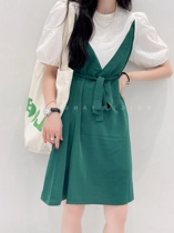 2021 summer new dress female Korean version of temperament round neck waist fake 2 slim little dress