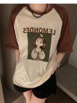 Korean Department lenient version of teen tee cartoon girl collage with shoulder sleeve T-shirt 2022 short sleeve