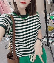 Striped age reduction short sleeve pullover T-shirt female Korean version of summer Joker round neck color color border Ice Silk linen sweater women tide