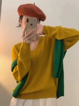 South Korea Autumn New V-neck solid color soft all wool sweater women loose slim pullover casual top