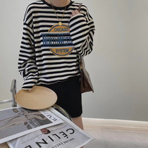 South Korea 2021 autumn new round neck letter print loose round neck long sleeve T-shirt striped pullover sweater