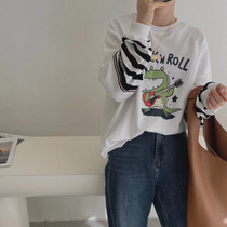 South Korea 2021 autumn new round neck cartoon dinosaur print loose fake two pieces striped sleeve sweater womens top