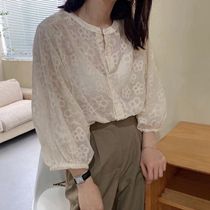 South Korea early Autumn New temperament thin rice apricot embroidered lace shirt female sweet wild loose shirt