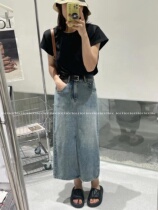 ICCIICC 2022 Summer new high waist 100 lap pure color minimalist front open fork display slim denim half body dress