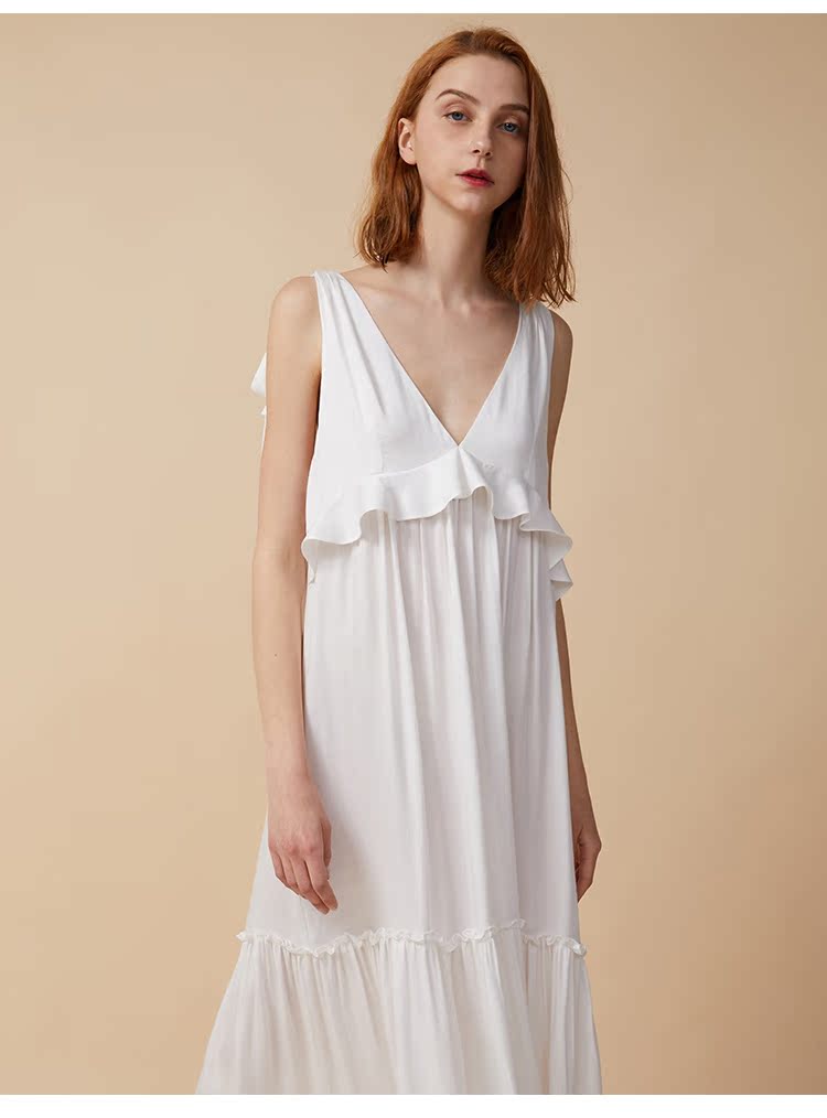 PJM nightdress nữ mùa hè sexy V-Cổ quai xù kỳ nghỉ bên bờ biển bãi biển váy cổ tích đồ ngủ nhà ăn mặc