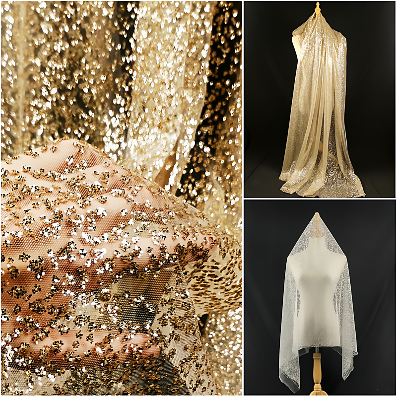 Sequin Gauze Fabric Gold White Glitter Iron Art Creative Background Decoration Wedding Dress Gold Foil Mesh Fabric