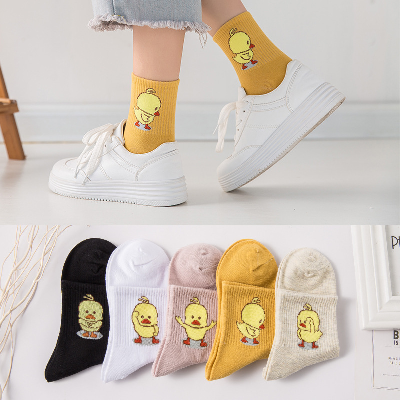 5 Pairs of Tiktok Popular Little Yellow Duck Internet Celebrity Socks ins Super Hot Socks for Women Korean Cute Cartoon Mid-Calf Socks Cartoon Cotton Socks