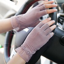 Half-Finger Gloves Ladies thin summer sun protection anti-ultraviolet Ice Silk Dew half short lace breathable summer