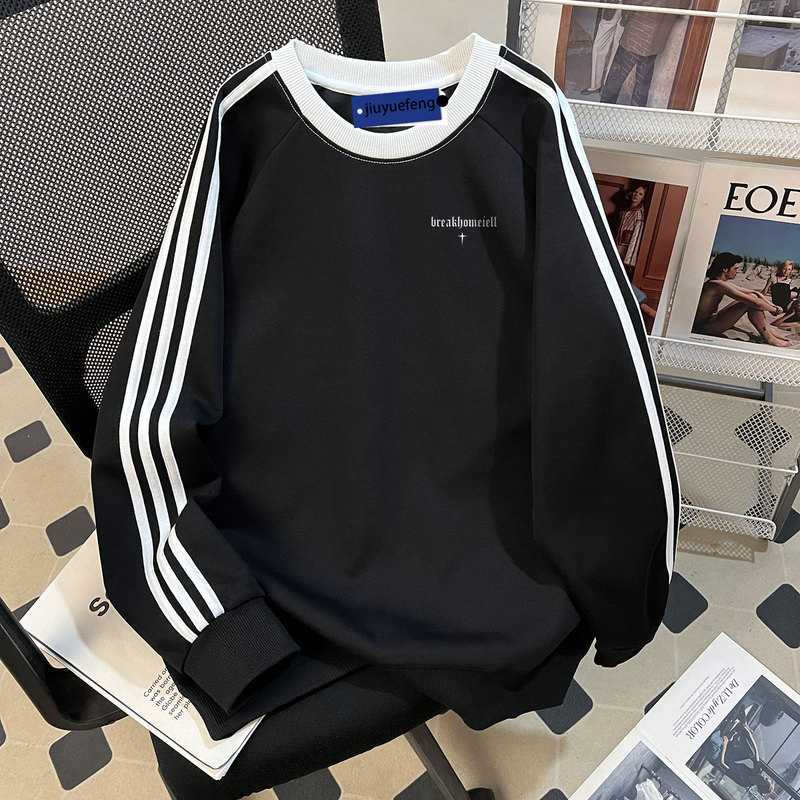 Spring and Autumn Simple Pure Cotton Round Neck Sweatshirt with Three Stripes for Men, 2025 New Printed Casual Loose Long-Sleeve Top