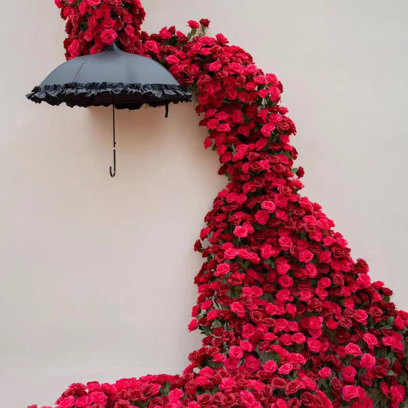 Trendy Photo Spot for Milk Tea and Coffee in a Tavern, Umbrella Flower Wall, Artificial Flowers, Rose Waterfall, Creative Photo Backdrop