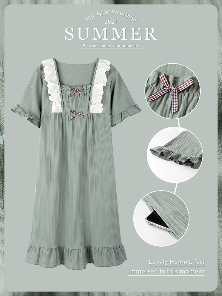 Night dress women's summer 2021 new cotton princess wind medium long version short sleeve can be worn outside thin pajamas home clothes