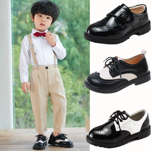 Черные туфли для мальчиков для кожаной обуви, платье девочки цветочницы, детская обувь в английском стиле, мягкая подошва, для подиума