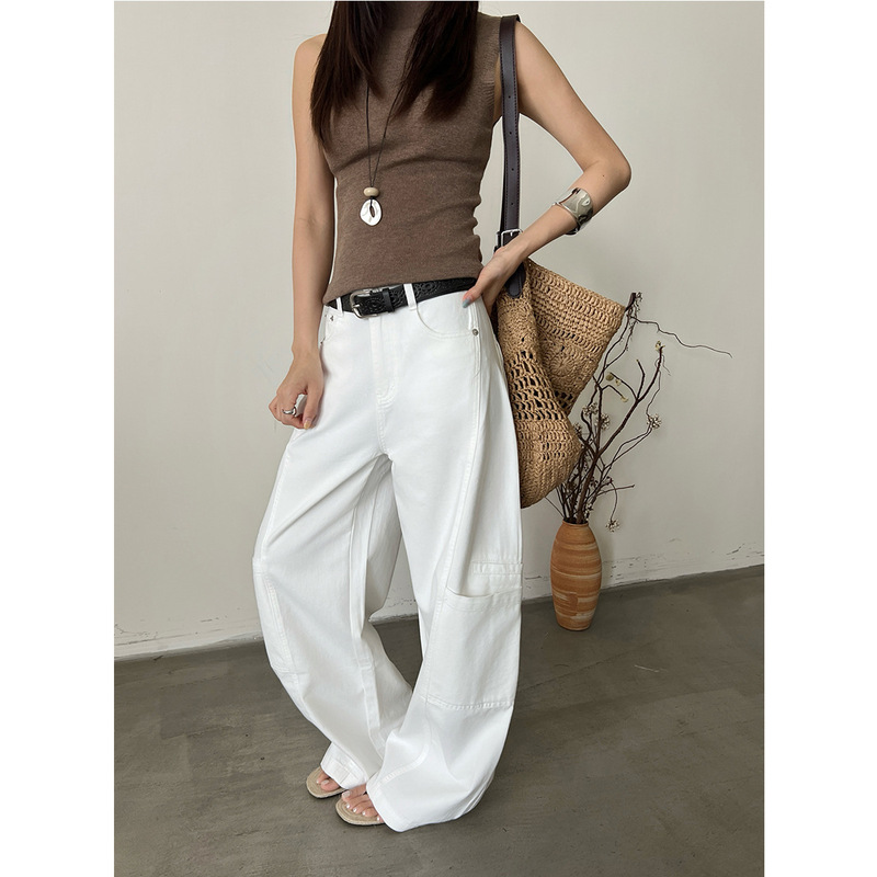 T-Platform Line Structure White Jeans 2026 Summer New Large Pocket Cargo Pants 68057