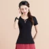 Mùa hè mới gió quốc gia phụ nữ thêu áo thun ngắn tay nữ retro hoang dã nhỏ cổ chữ V mỏng - Cộng với kích thước quần áo áo kiểu đẹp Cộng với kích thước quần áo