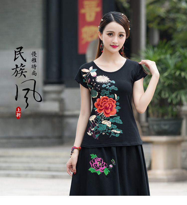 Mùa hè mới gió quốc gia của phụ nữ áo thêu ngắn tay t-shirt nữ Trung Quốc phong cách thêu kích thước lớn Slim đáy áo áo thun nữ form rộng dễ thương