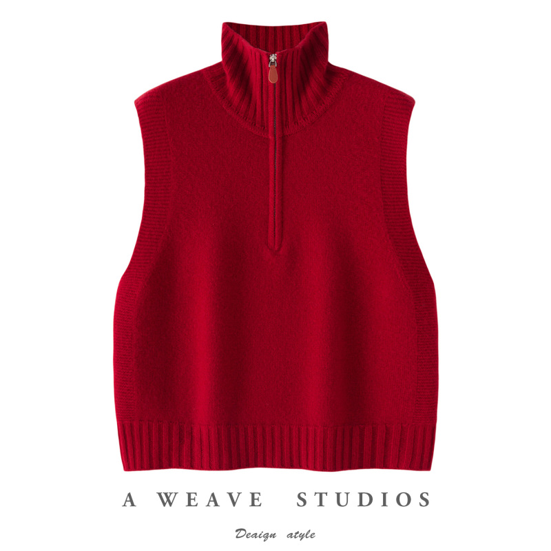 Autumn and Winter Women's Stand-Up Collar Half-Zip Wool Knit Vest, Red High-Neck Fashion Sweater Vest