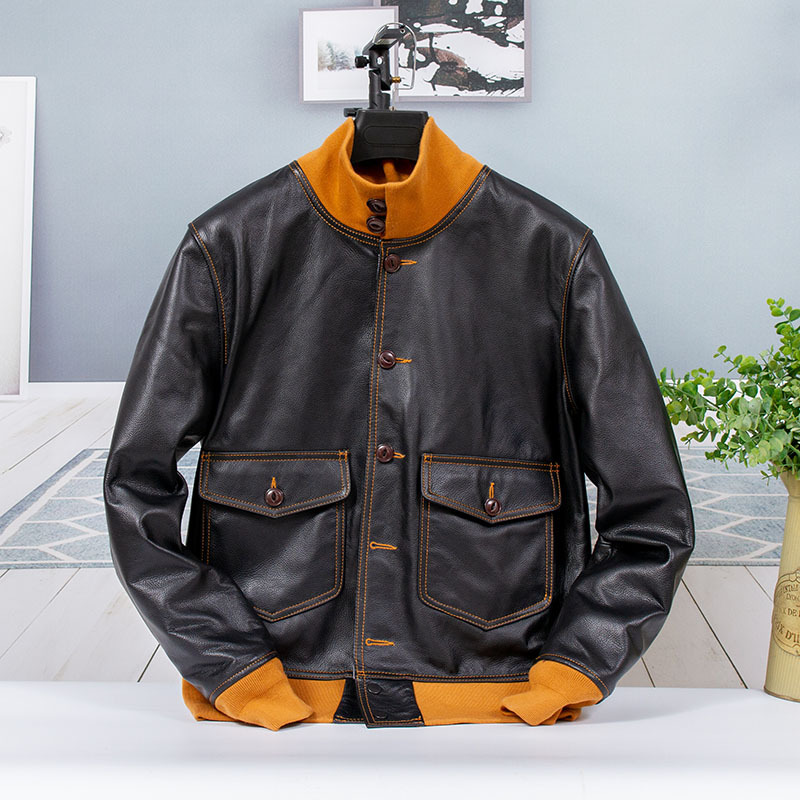 American Retro! Modified Version of the 1927 First-Generation A1 Flight Suit, Genuine Leather Jacket for Men, First-Layer Cowhide Flight Jacket
