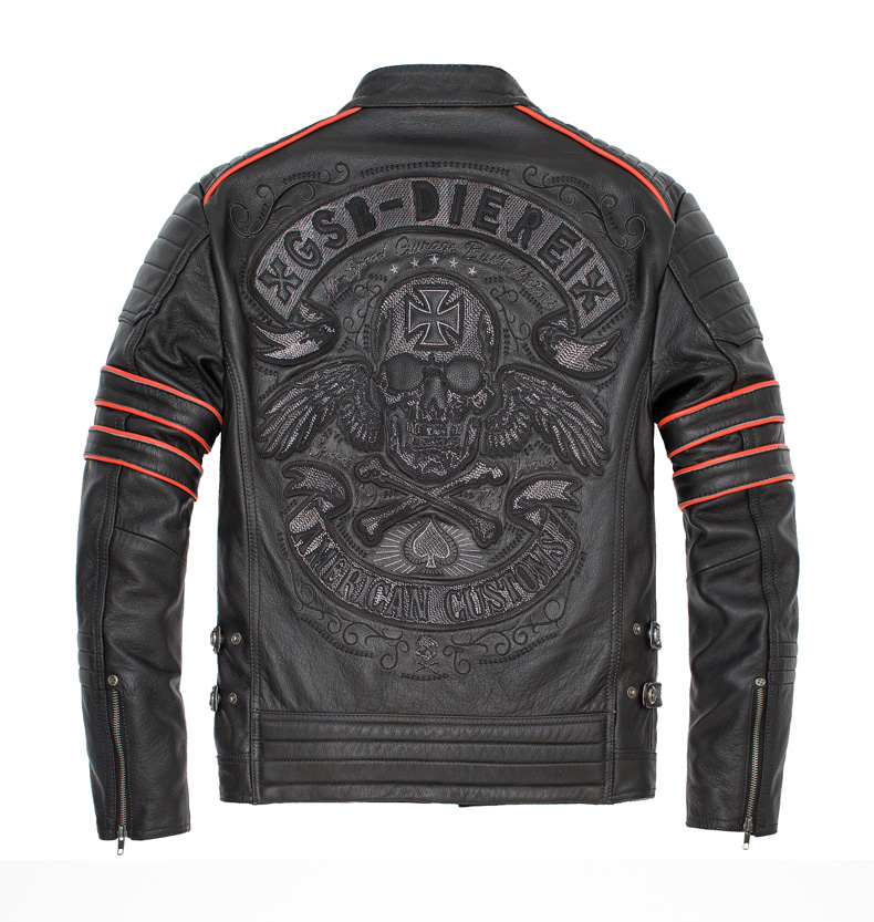 New harereal leather leather clothes men's body upfront Neckline Cow Leather Locomotive Jacket Skull Embroidered Short jacket