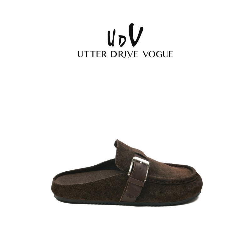 Udv Genuine Leather Birkenstock-Style Slip-On Women's Shoes 2026 Autumn New Mule Slippers Thick-Soled Flat Slippers British Style