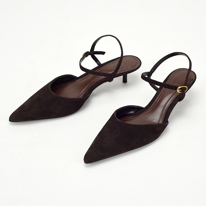 2026 New Style Elegant Brown Suede Pointed Toe Stiletto 4cm Ankle Strap Slingback Mules Sandals for Women