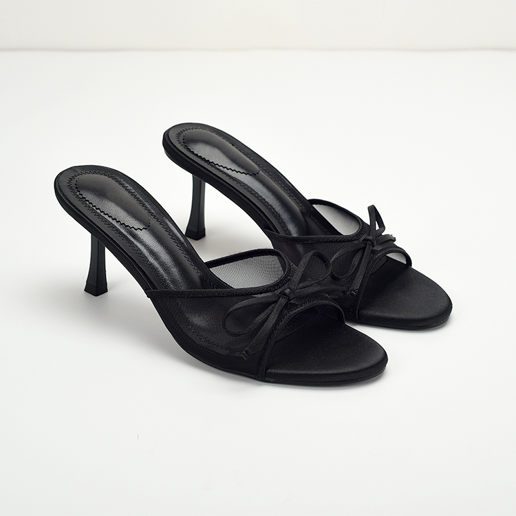 Spanish Style Black Mesh Sandals for Women, French Stiletto Heels, Versatile Open-Toe Bow-Tie Slip-On High Heels