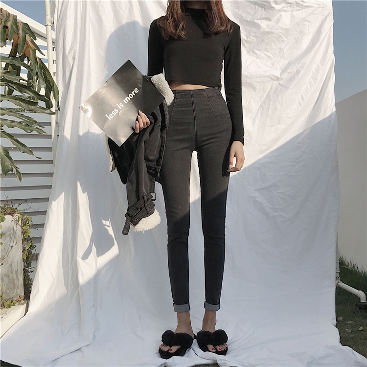 Real shot Quần chín cạp cao hoang dã mới của Hàn Quốc là quần jeans lửng nữ mỏng, quần lọt khe mùa hè shop thời trang nữ