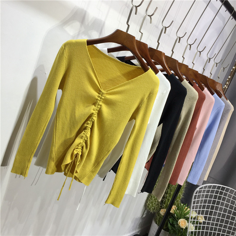 2018 đầu thu mới thon gọn Áo len cổ chữ V dài tay áo len dệt kim nữ rốn gợi cảm ao len nu