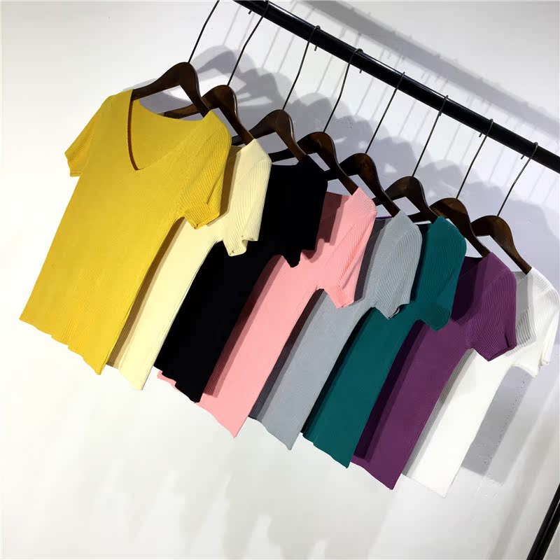 Bất bắn mùa hè đan T-Shirt nữ phần ngắn V-Cổ áo thun siêu mỏng màu rắn ngắn tay mỏng giảm béo hoang dã đáy áo triều thời trang nữ 2021