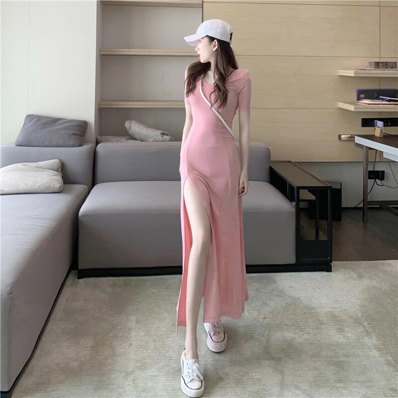 Modal High-Slit A-Line Dress, New Summer Style, Plus Size, Short-Sleeved, V-Neck, Sexy, Retro Hepburn Style, Over-The-Knee Long Dress