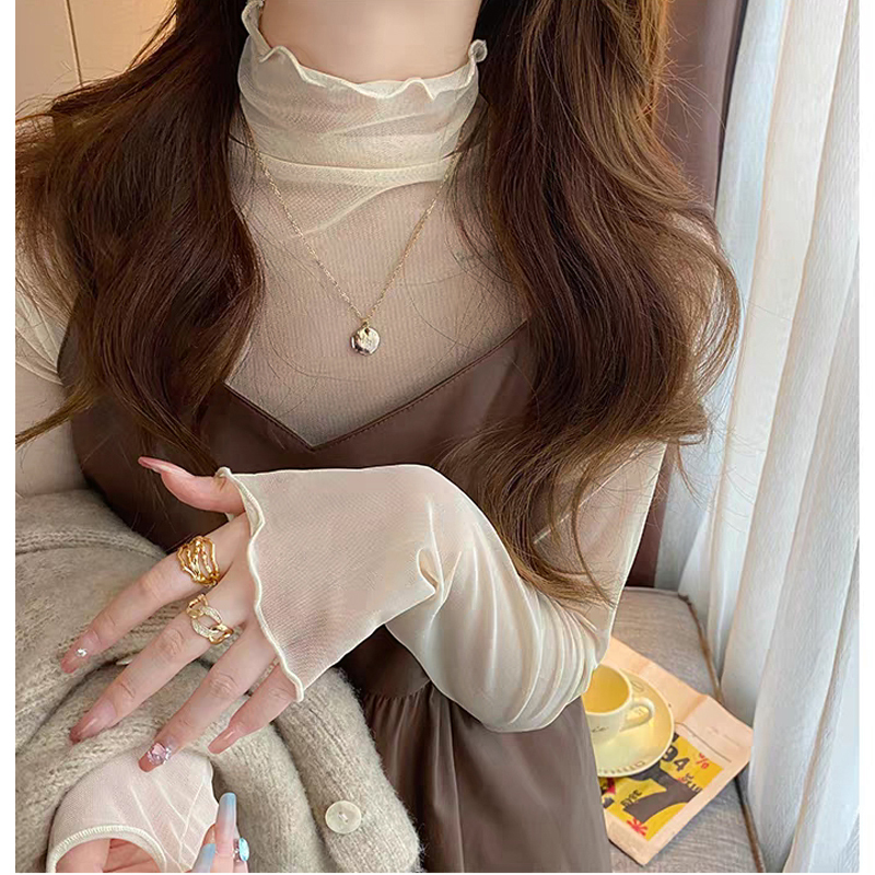 Plus-Size Lace Base Shirt 2025 Spring and Autumn New Style Inner Layering Half-High Collar Long-Sleeve Top with Ruffled Mesh Fabric