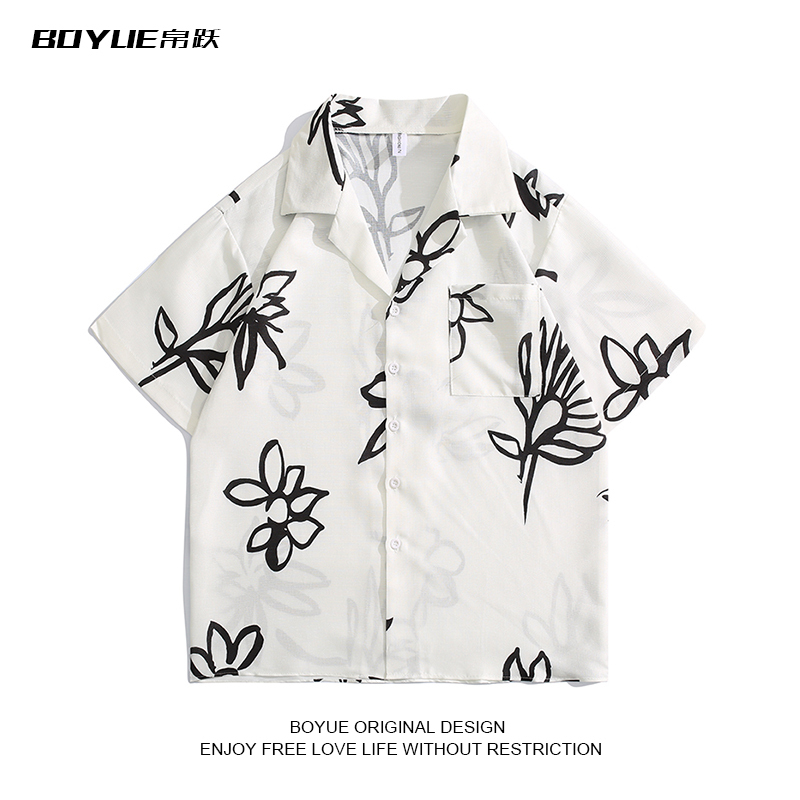Boyue Ink Painting Floral Cuban Collar Short Sleeve Shirt Artistic Youth Thin Shirt Jacket for Men