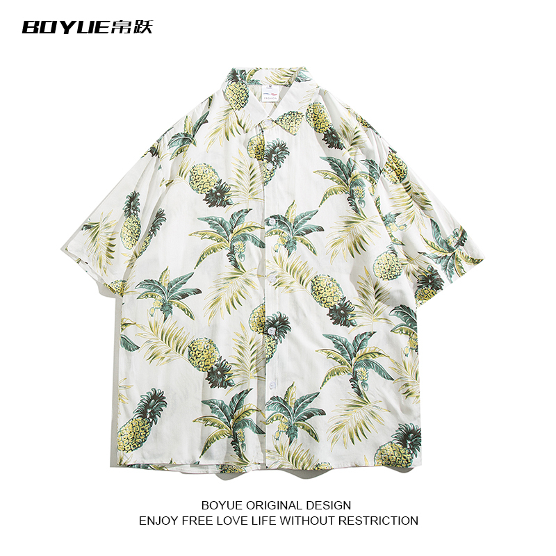 Boyue Beach Fashion Brand Pineapple All-Over Print Shirt for Teenagers, Summer Creative and Fun Half-Sleeve Shirt for Men