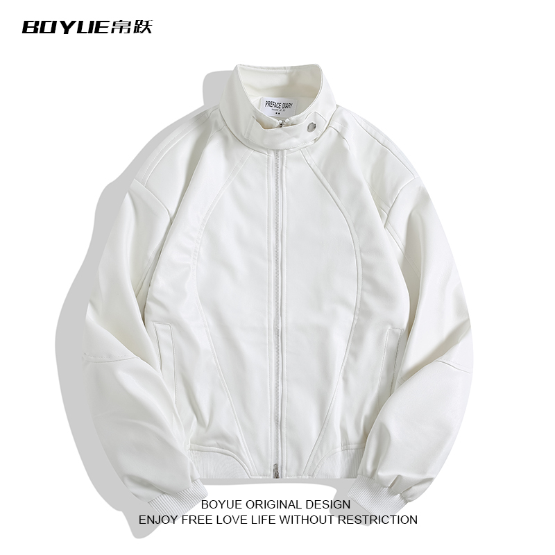 Boyue Deconstructed Stand-Up Collar High-End White Leather Jacket, Cool and Stylish with Shoulder Pads, Biker Padded Jacket for Men and Women