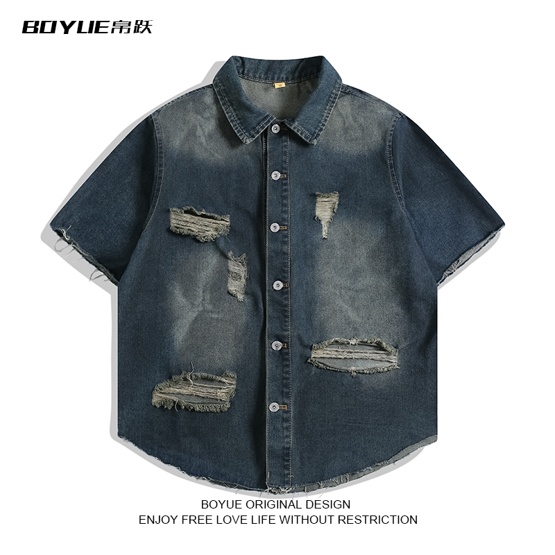 Boyue Unique Retro Design Denim Short-Sleeve Shirt for Men and Women, Distressed and Trendy Couple's Jacket