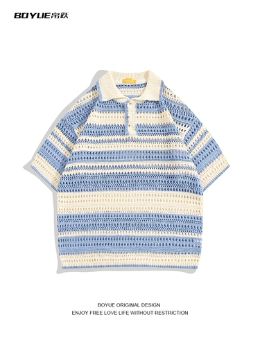 Boyue Jumping Hollow Stripes Короткие рукава в летней корейской версии пары пары в стиле Хараджуки с высоким уровнем высокого уровня.