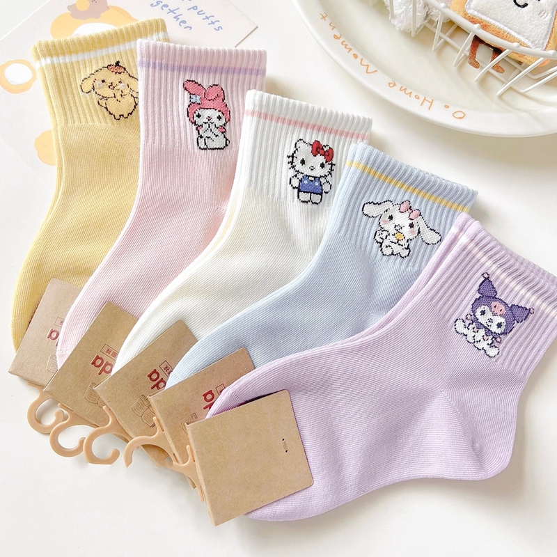 Children's Socks Spring Style Pure Cotton Children's Mid-Calf Socks Cartoon Kuromi Hello Kitty Girls Baby Student Cotton Socks